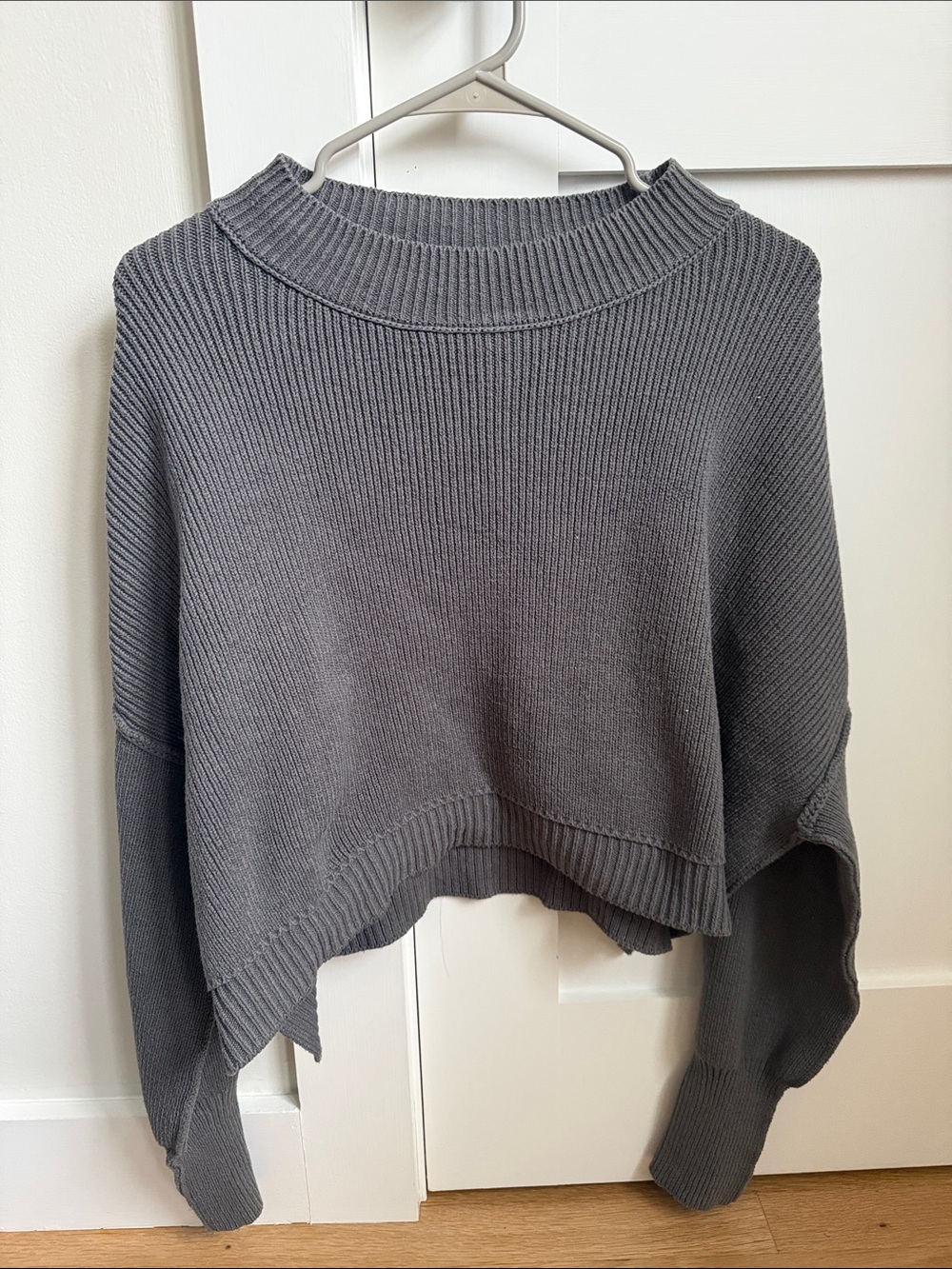 Free People Gray Cropped Ribbed Crewneck Sweater